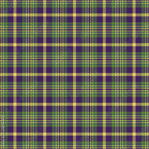 Vibrant purple, green, and yellow pixelated plaid pattern. This seamless digital tartan offers a retro 8bit aesthetic for textile prints, website backgrounds, and creative graphic designs.