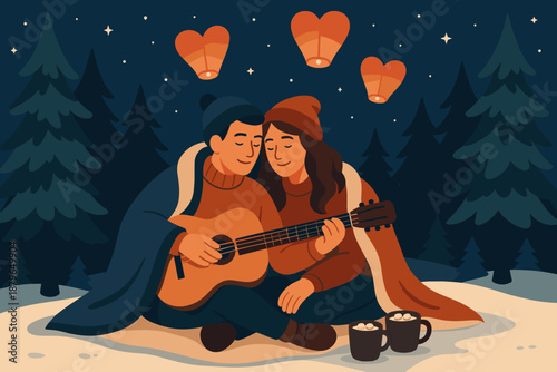 Sky nearby pine serenade above cocoa vector sitting illustration cozy them winter