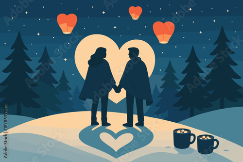 Scene romantic illustration trees shadows sky mugs vector above starry winter cocoa