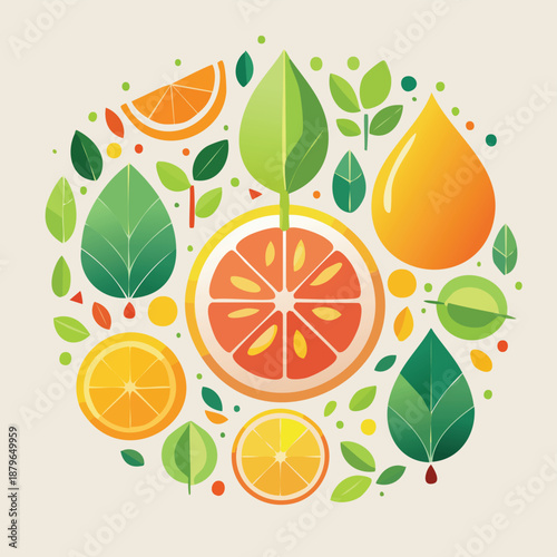 Vibrant flat vector illustration of fresh citrus fruits and green leaves arranged in a captivating circular, organic composition, embodying natural health and vitality