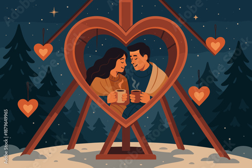 Winter mugs vector warm blankets sitting ferris romantic together illustration wheel shoulders