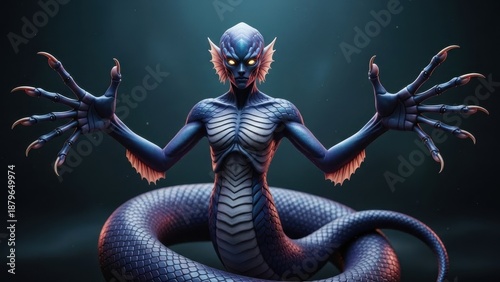 Mysterious blue scaled serpent creature with glowing eyes and clawed hands emerges
