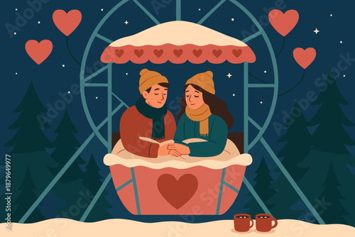 Couple them ferris nearby vector illustration inside cabin cocoa surrounding wheel winter