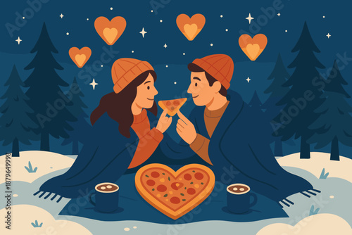 Outdoors surrounding romantic night above couple winter draped illustration blankets sharing vector