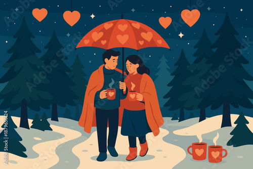 Walk umbrella illustration surrounding starry above romantic winter vector shoulders their cozy
