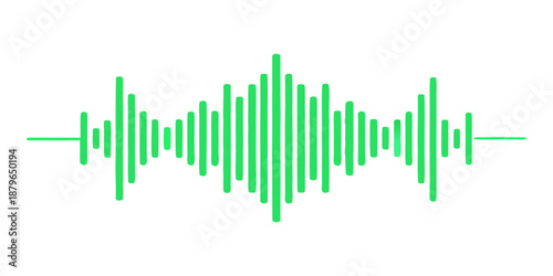 Green waveform audio signal representation. "Title:" before it. White audio waveform on a solid green background with gradual frequency reduction.