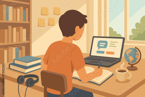 Bright study language room vocabulary essentials through vector words window sticky globe