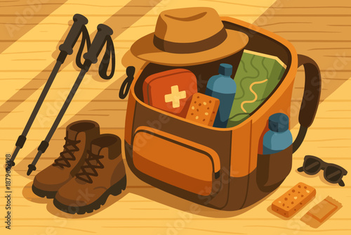 Bottle nearby gear first organized water illustration inside snacks vector hiking poles