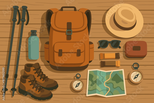 Surface snacks casting across adventure water hiking illustration ready aid outdoor vector