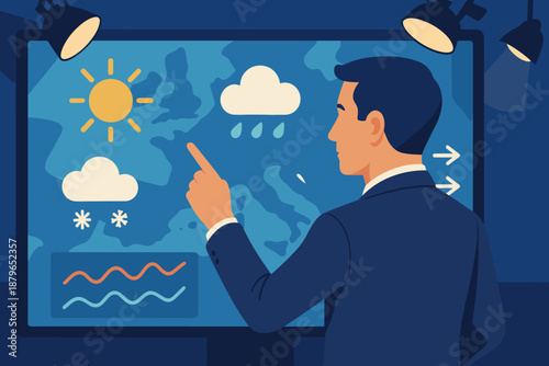 Weather presentation screen rain vector lighting cloud map studio showing illustration meteorologist
