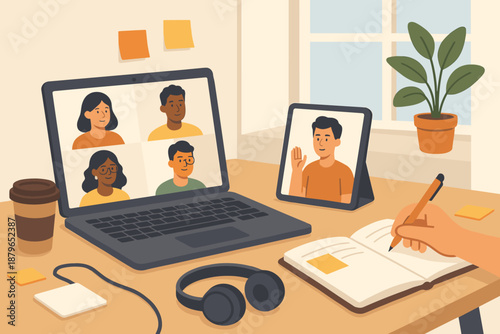 Team notebook window plant remote illustration vector tablet coworking coffee cup collaboration