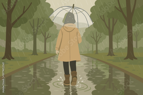 Rainy stroll waterproof path puddles day trees illustration reflections raindrops vector wet