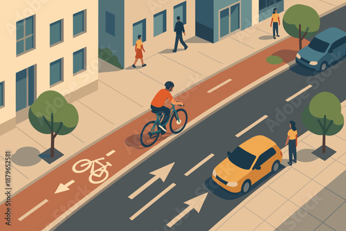 Buildings scene cycling sunny road illustration urban cyclist pedestrians parked vector view