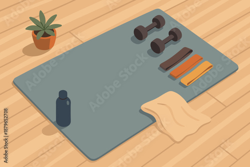 Highlights small essentials home scene illustration workout resistance exercise vector bottle wooden