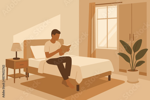 Vector illustration color modern bedside serenity reading book plant through rug window