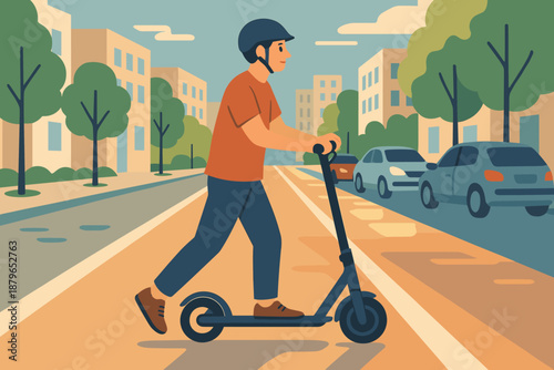 Journey pushing reflections illustration vector buildings street urban scooter bike helmet sunlight