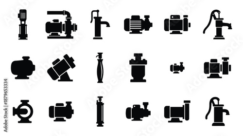 Set of black silhouette water pumps isolated on transparent background, vector illustration