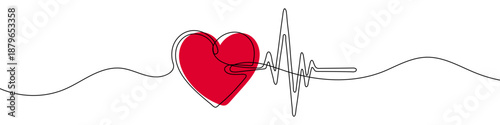 Heart and heartbeat line in one line art style. Drawing of a red heart and ECG graph made with one continuous line, with a black editable stroke