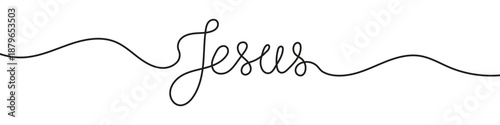 Jesus in one line art style. Calligraphic text "Jesus" made with one continuous line, with black editable stroke