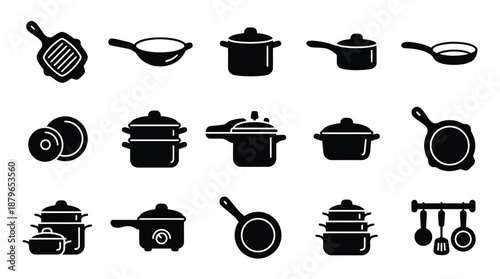 Kitchenware and cookware icon set with various frying pans pots and cooking utensils set
