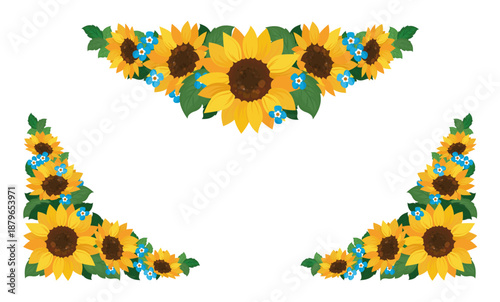 Sunflower Floral Frame with Corner Bouquets and Top Border on White Background, Vector Illustration