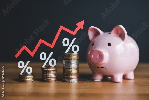 Pink piggy bank with rising coin stacks and red interest rate arrow symbolizing financial growth and high inflation rates
