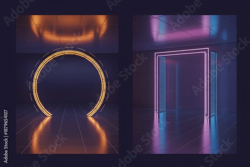 Abstract 3D futuristic background with glowing orange and blue neon rings on a grid floor under a purple sky
