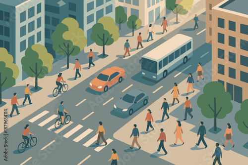 Surrounding highlights lining commute busy street modern pedestrians bicyclists illustration city vector