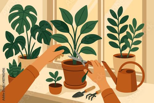 Vector care potted leaves houseplants illustration small scissors scene houseplant surrounding highlighting