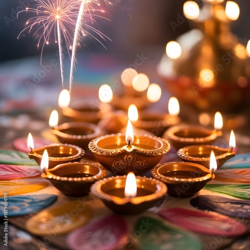 Beautiful Diwali celebration with traditional clay oil lamps diyas on colorful rangoli pattern with festive fireworks and bokeh lights
