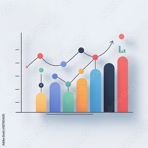 Minimalist 3D data visualization chart with colorful bar graphs and rising arrows representing financial growth and business success metrics
