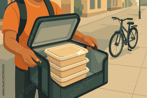 Nearby hands holding meal illustration delivery vector stacked reflecting close bag sunlight