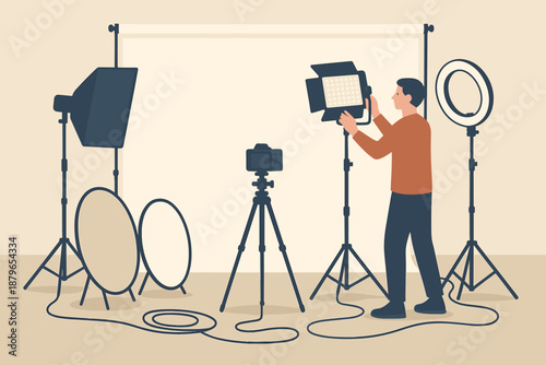Reflectors illustration adjusting lighting stand backdrop setup pointing ring studio vector blank