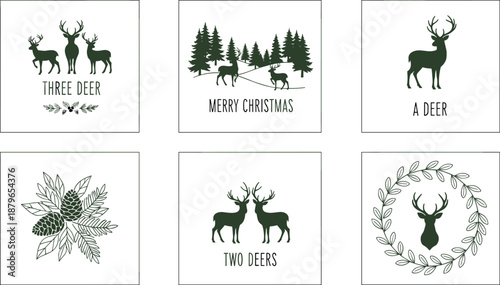 Christmas deer illustration set, woodland animal silhouettes with typography, festive forest scenes and pine wreath elements, minimalist rustic holiday vector collection