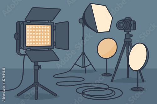 Softbox neatly vector cables illustration lighting floor camera setup light stand highlights