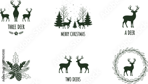 Christmas deer illustration set, woodland animal silhouettes, festive forest scenes, pine wreath elements, minimal rustic holiday vector designs, for seasonal greeting cards