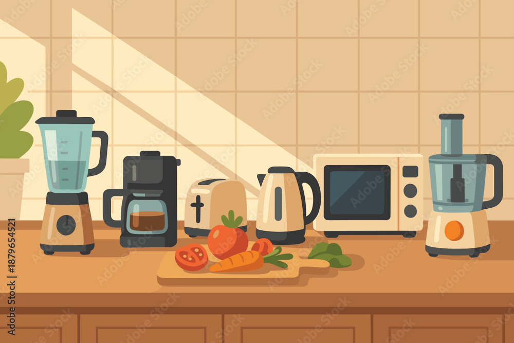 Obraz premium Display window fruits vector microwave processor board appliances from food kitchen illustration