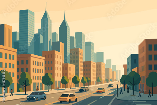 Long shadows pedestrians skyline city gradient sky illustration showing trees perspective vista