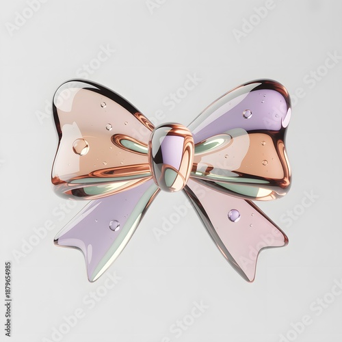 Glossy 3D iridescent glass bow icon with pastel rainbow colors and subtle water droplets isolated on light gray background
