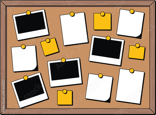 Cork bulletin board with pinned photos and sticky notes illustration for memory wall organization planning scrapbook mockup design vector background