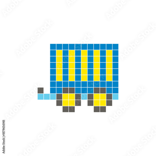 A flat pixel design made of geometric square color blocks on a clean icon layout. Pixel art cargo trailer