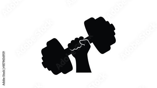 Black silhouette icon depicting a strong hand firmly gripping a heavy dumbbell symbolizing fitness strength and weightlifting achievement in a minimalist graphic design