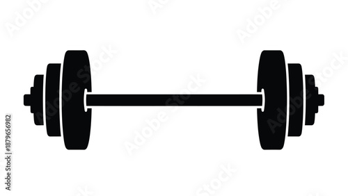 Black silhouette icon representing a heavy barbell loaded with multiple weight plates ready for intense strength training and muscular body building workouts in a gym setting