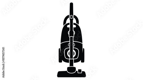 Simple black and white silhouette icon representing a modern upright vacuum cleaner ready for household cleaning tasks and floor maintenance duties