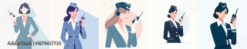 female flight attendant talking on walkie talkie