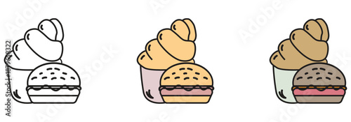 Colorful illustrations of burgers and cupcakes in different styles