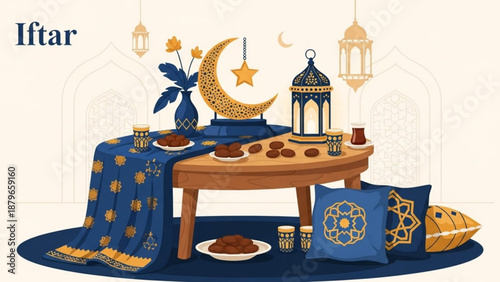 Iftar table setting with dates and Ramadan lanterns traditional Islamic meal for breaking fast festive cultural illustration