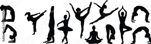 Silhouettes of dancers and yoga practitioners performing flexible poses, balancing movements and graceful exercises, highlighting strength, wellness, harmony body control on a clean white background.