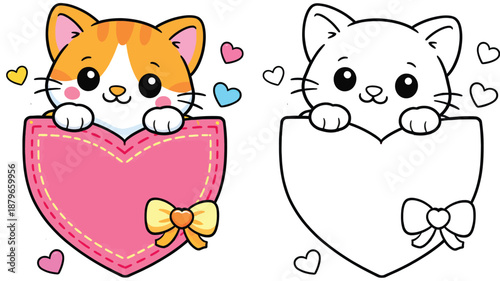 For children's activities and Valentine's Day designs, a cute cartoon kitten within a pink heart pocket with a bow vector illustration of a happy cat figure peeking out in black and white