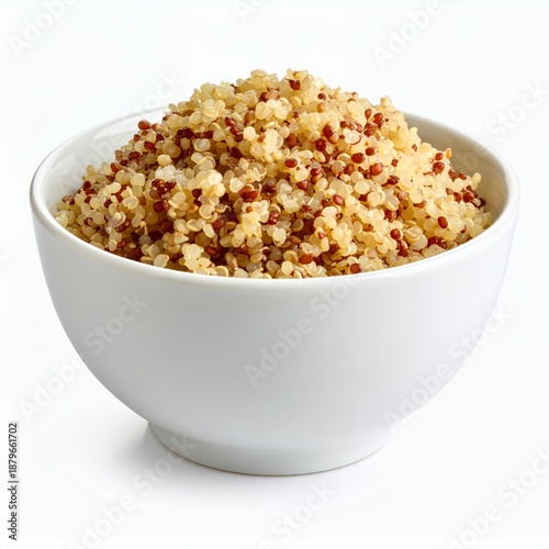 Nutritious quinoa medley served in a pristine white bowl against a clean backdrop
